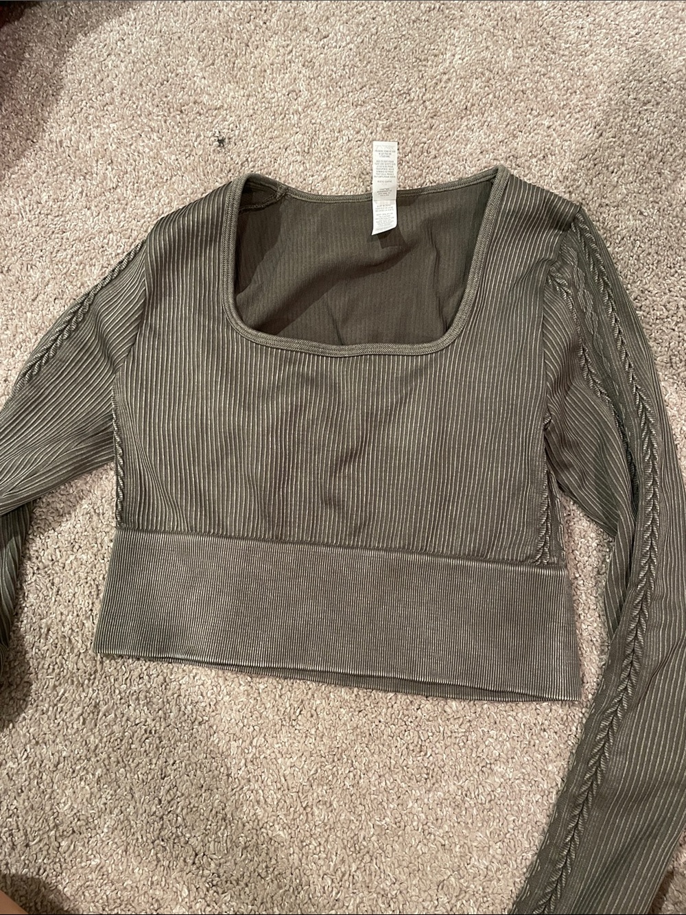 aerie Olive Ribbed Square-Neck Long Sleeve Crop Top